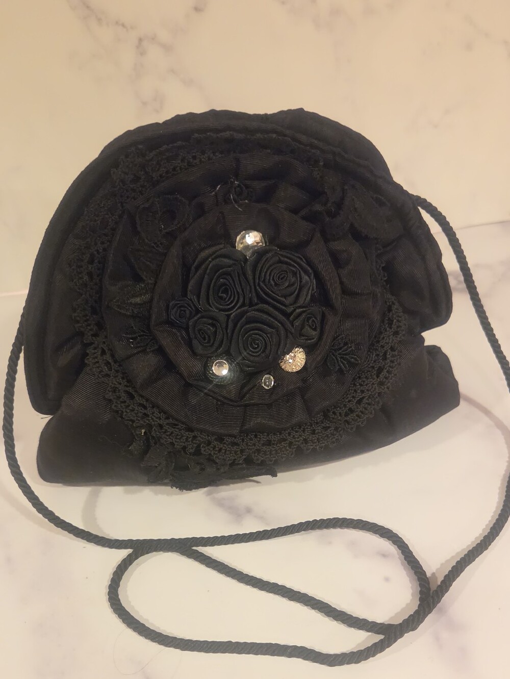 80's Rare Black Marie Palmese taffeta evening bag with appliqué